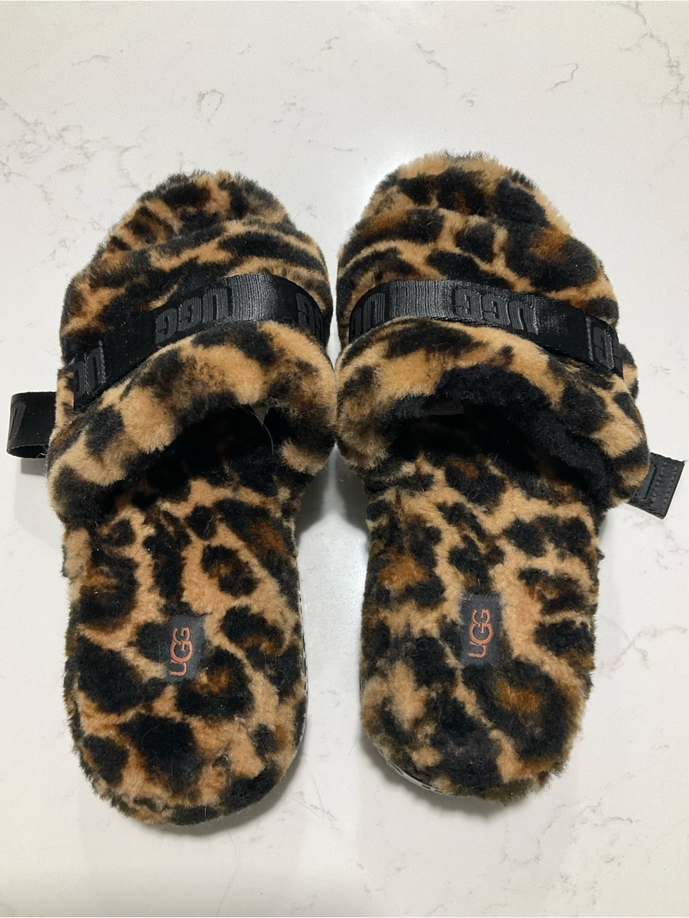 UGG Fluffita Leopard Shearling Slingback Platform Slides Size 8